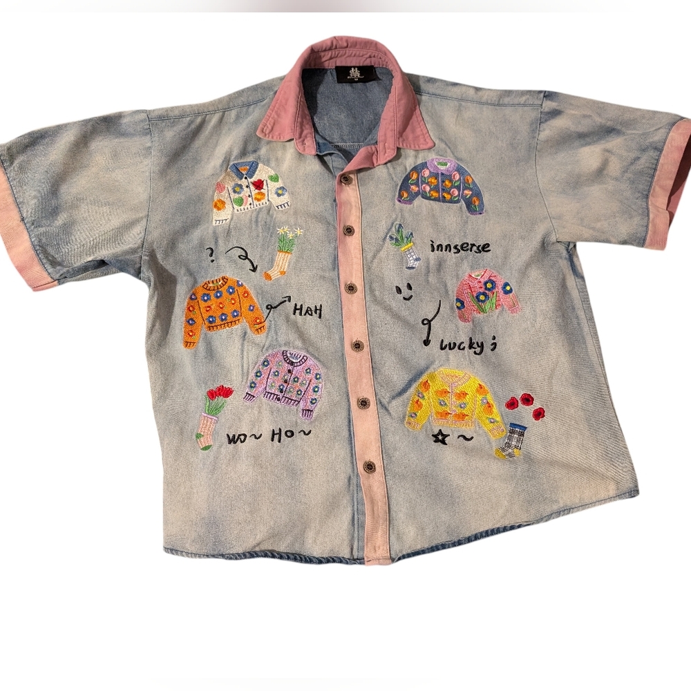 supermade denim bright multi color embroidered short sleeve denim top